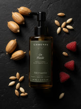 Or Fluide - Huile Corps Nutrition & Éclat Oméga 6 & 9 — ingrédients flat lay — CAMENYS