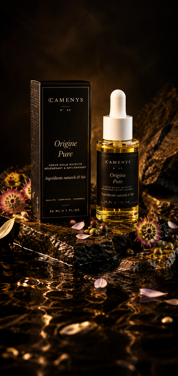 Origine Pure, sérum huile alternatif au rétinol CAMENYS, flacon et coffret