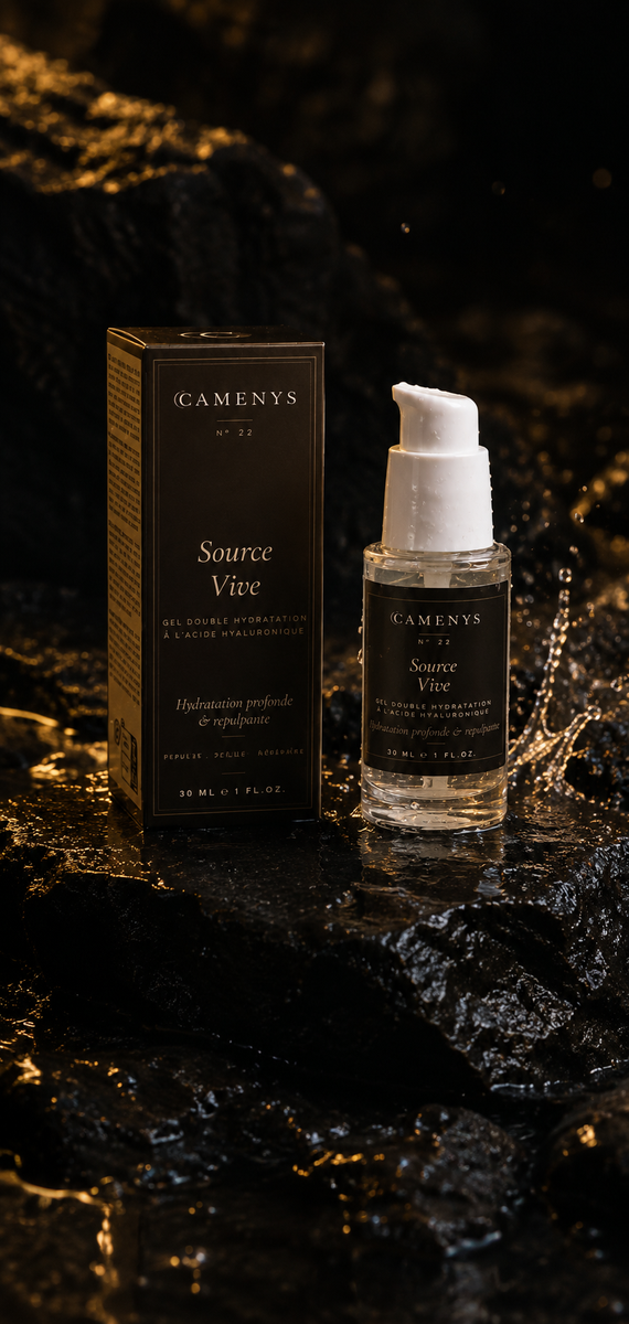 Source Vive, gel double hydratation à l'acide hyaluronique CAMENYS, flacon et coffret