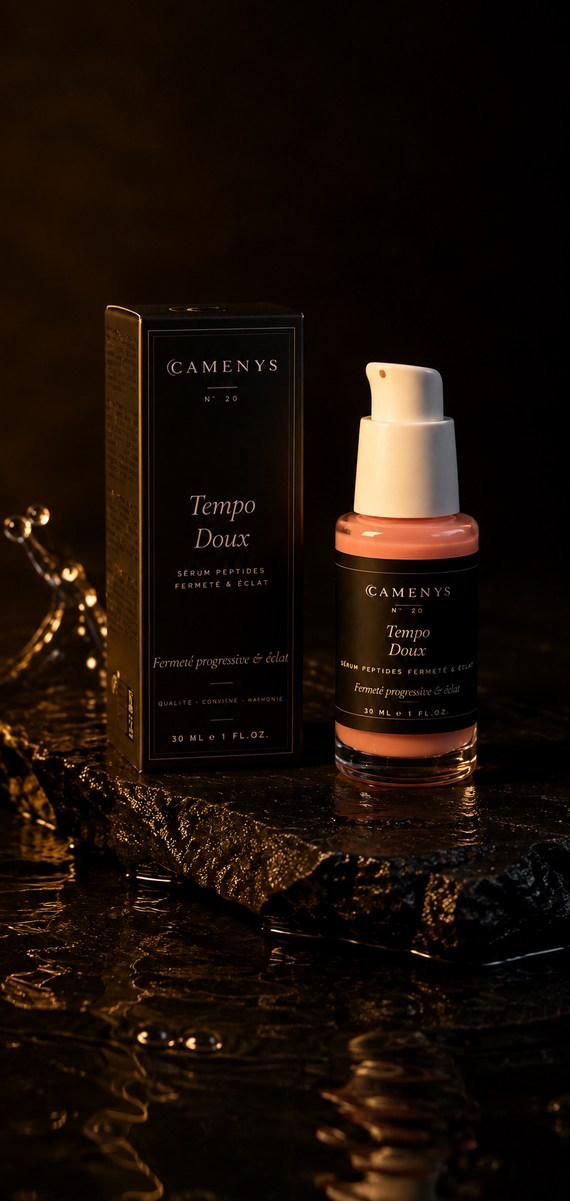 Tempo Doux, sérum peptides CAMENYS, flacon et coffret sur pierre volcanique