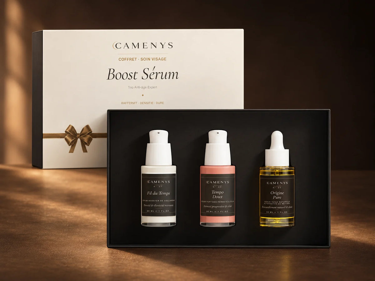 Coffret Boost Sérum CAMENYS : écrin ouvert avec les trois sérums Fil du Temps, Tempo Doux et Origine Pure