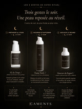 Routine du soir en 3 gestes du coffret Nuit Régénérante CAMENYS — préparer, nourrir, adoucir le regard