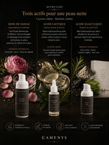 Actifs clés du coffret Rituel Pureté CAMENYS — rose de Damas, acide lactique et acide salicylique